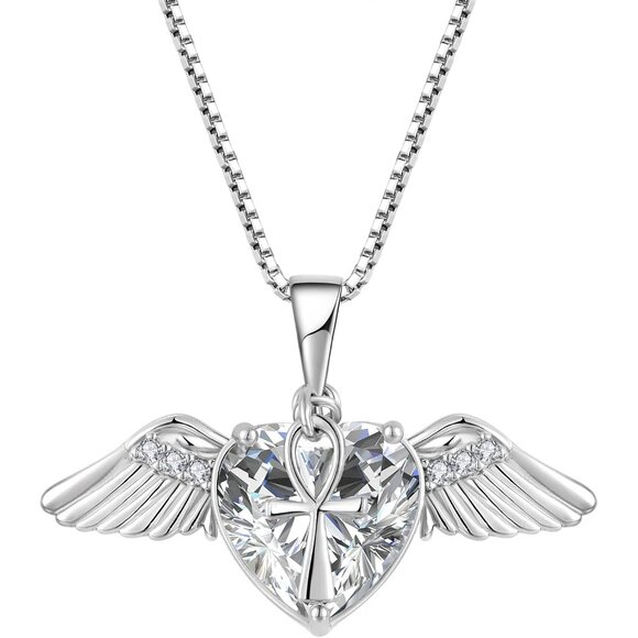 Angel Wings Necklace Sterling Silver Love Heart Birthstone for Women - Picture 1 of 6